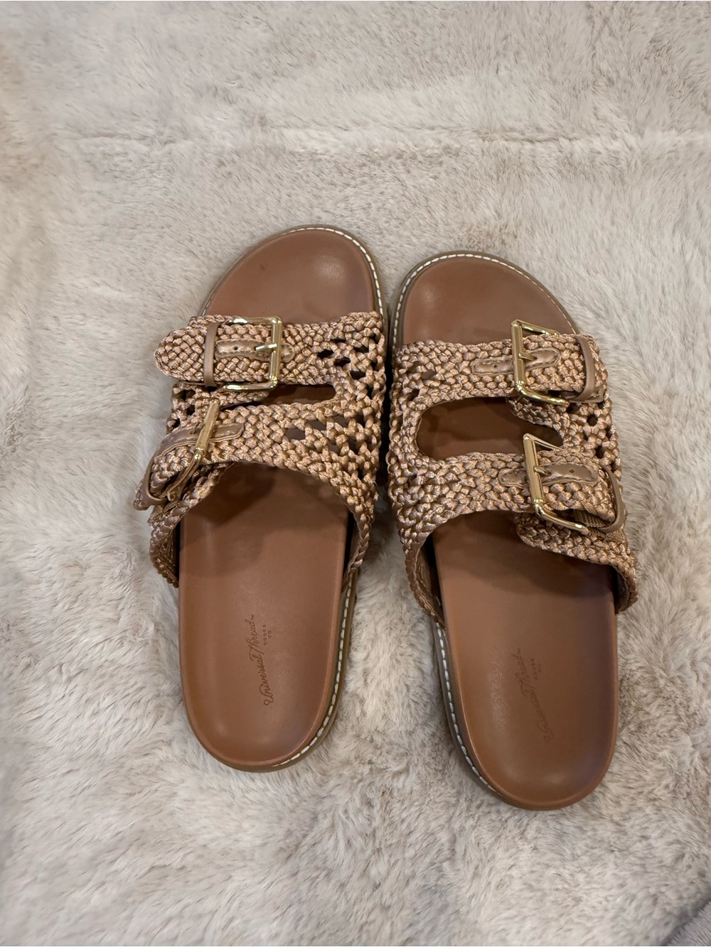 Braided Double-Buckle Slide Sandals in Tan